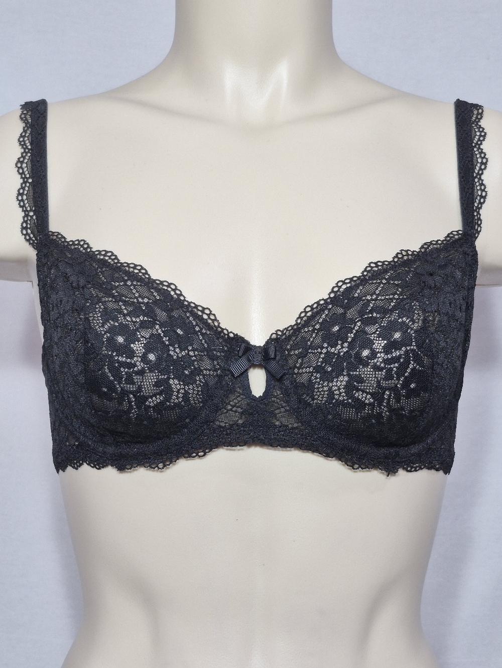 34B Gilligan O'Malley Unlined Semi Sheer Lace Balconette Underwire Bra Black